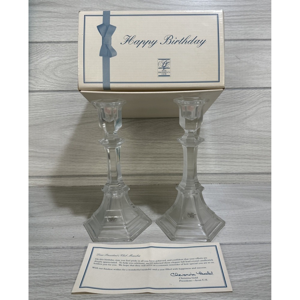AVON President's Club Happy Birthday Candle Holders‎ 24% Lead Crystal (Set of 2)